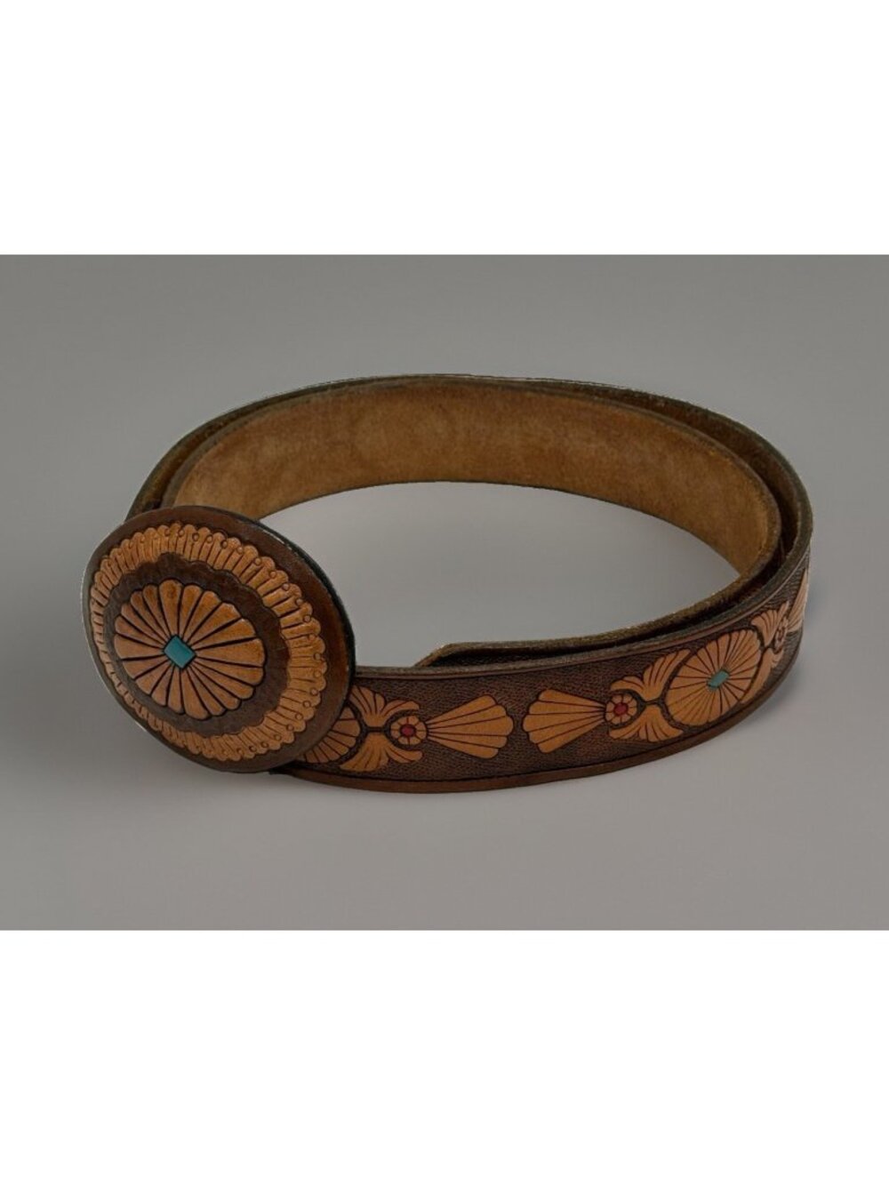Vintage Chambers Western Tooled Leather Belt Turquoise Inlay Big Buckle Size 44